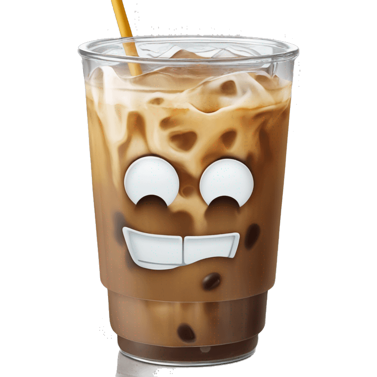 Iced coffee in a libbey cup (beer glass can) with bamboo lids and straw. There is printed  on the mug  emoji