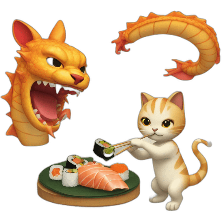 cat fighting a dragon sushi emoji