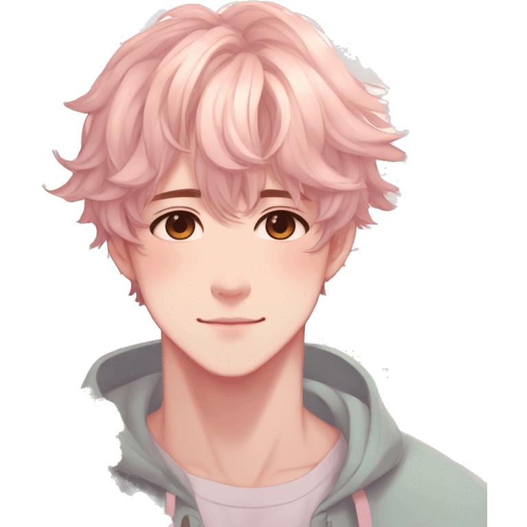 Gorgeous pastel anime style shojo guy with blushing face and flowers aesthetic trending style outside emoji