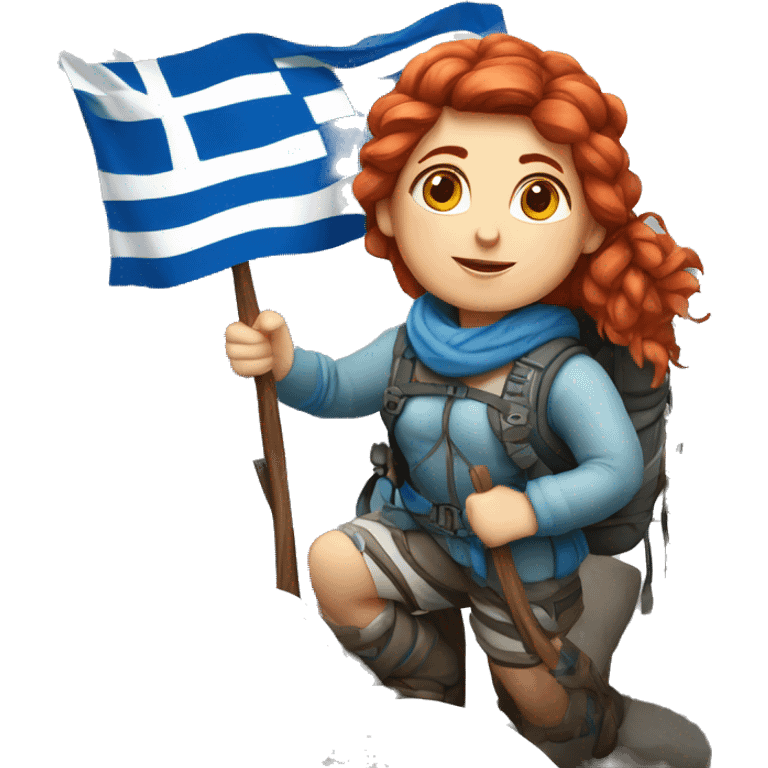 Greek Female winter mountaineer red hair white skin climbing with Greek Flag and Easter eggs basket emoji