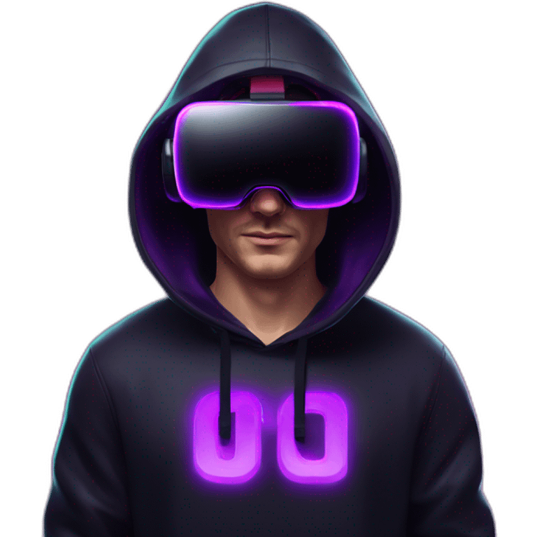 Russian man in the black hoody with violet OMG VR logo on it wearing vr headset oculus quest 2. Cyberpunk style. Violet neon. emoji