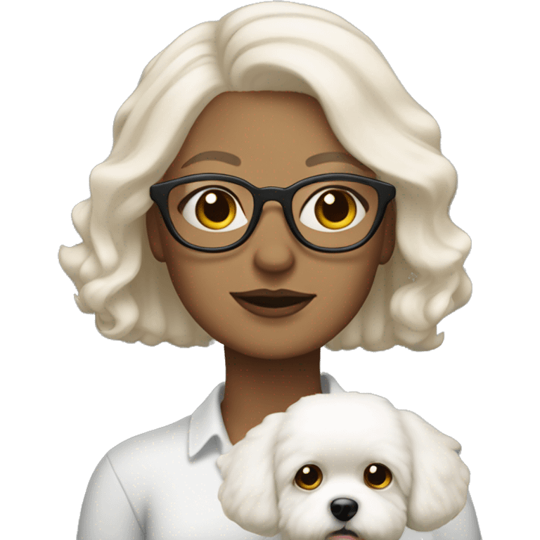 Woman with white medium length hair and glasses holding Bichon with tan ears emoji