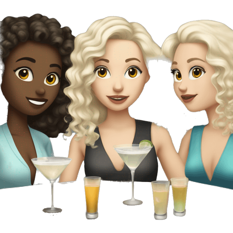 White brunette girl, white blonde curly haired girl, and white blonde straight haired girl all drinking martinis emoji