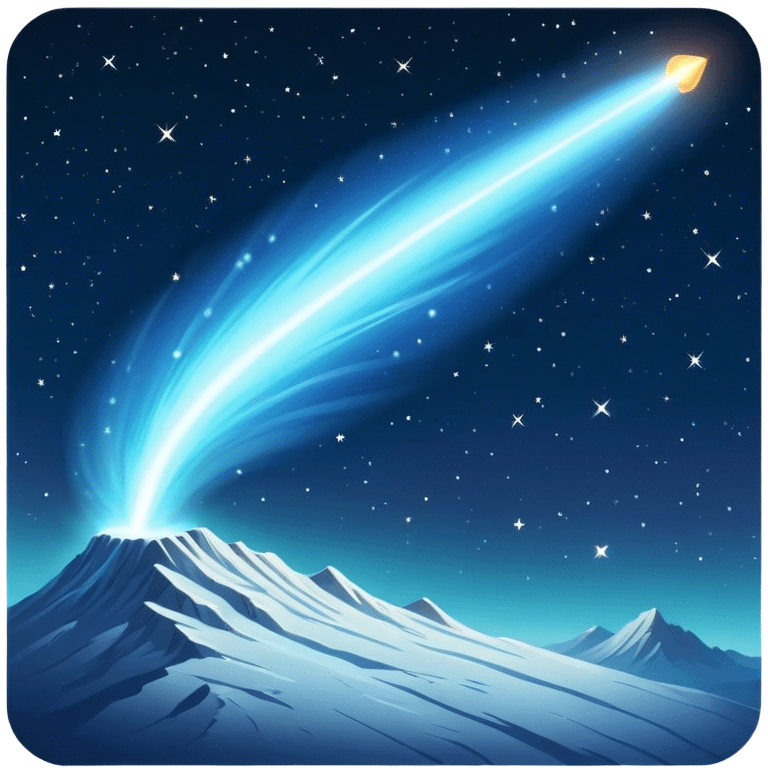  Cinematic Realistic Comet – A breathtaking image of a comet traveling through the cosmos, its icy nucleus releasing a brilliant, sweeping tail of glowing gas and dust. The light of distant stars refracts through the trail, creating a mesmerizing cosmic display. emoji