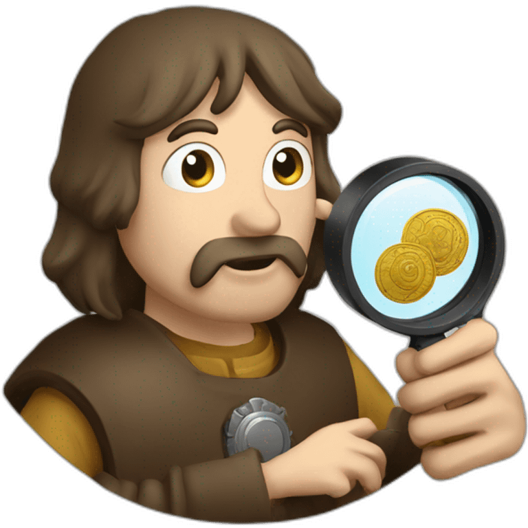 medieval coin collector, looking at a coin with a magnifying lense emoji