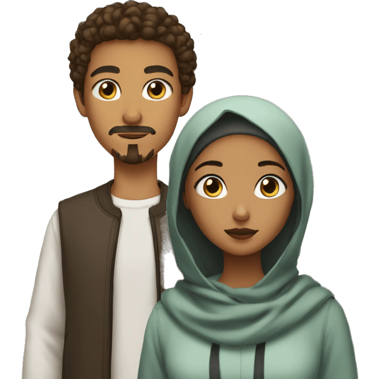 brown teen with short curly hair and goatee and moustache standing and black eyes next to a brown girl wearing a hijab emoji