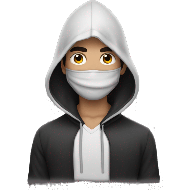 Hooded male portrait, dark hair  face' mask  emoji