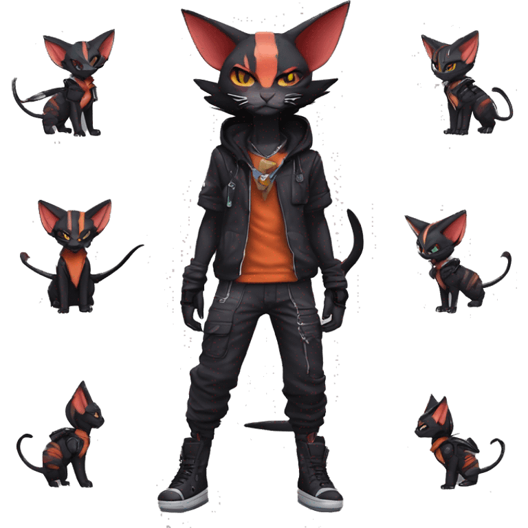 Cool Anthro Noivern-Litten-Sphynx-Pokémon with edgy stripes hoodie spiked collar punk techwear Cargo Pants Full Body emoji