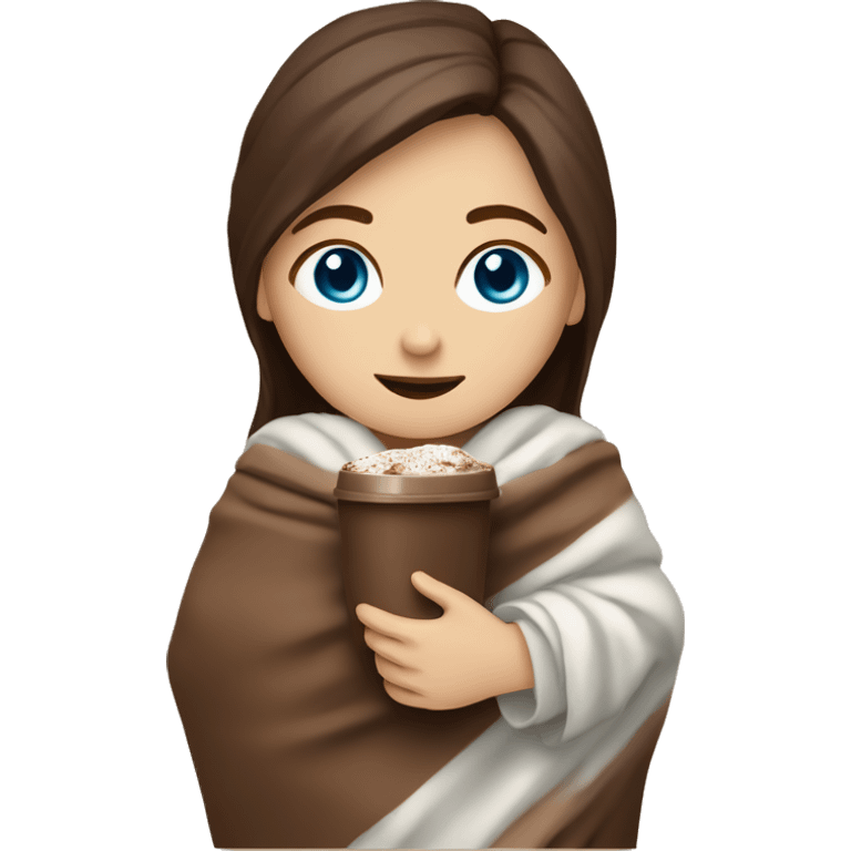 White Girl with blue eyes and brown hair seating with cocoa in her hands and covered with blanket  emoji