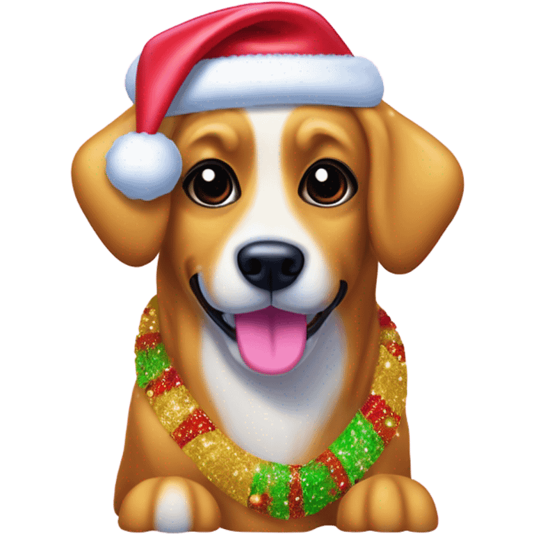 Lisa frank Christmas sparkle￼ dog with Santa hat emoji