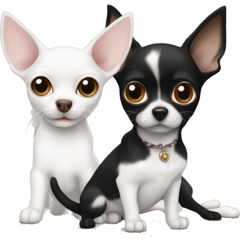 A white cat with a black spot on its nose next to a Black Chihuahua with white lightning strike marking in chest next to a smaller brown tab and white Chihuahua pup emoji