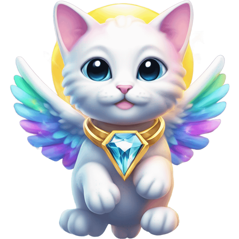 Transcendent Cute Heavenly Rainbow 4d Diamond ultra mega surpream Omni-Cat God with wings and a ring around its body and another ring above it’s head  emoji