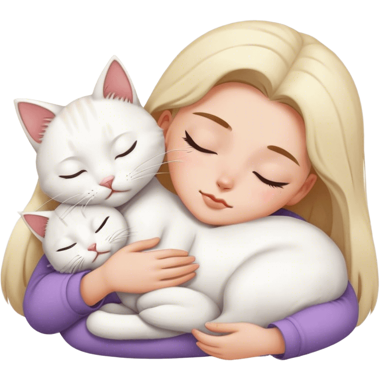 White cat sleeping on girl's with brow hair lap emoji