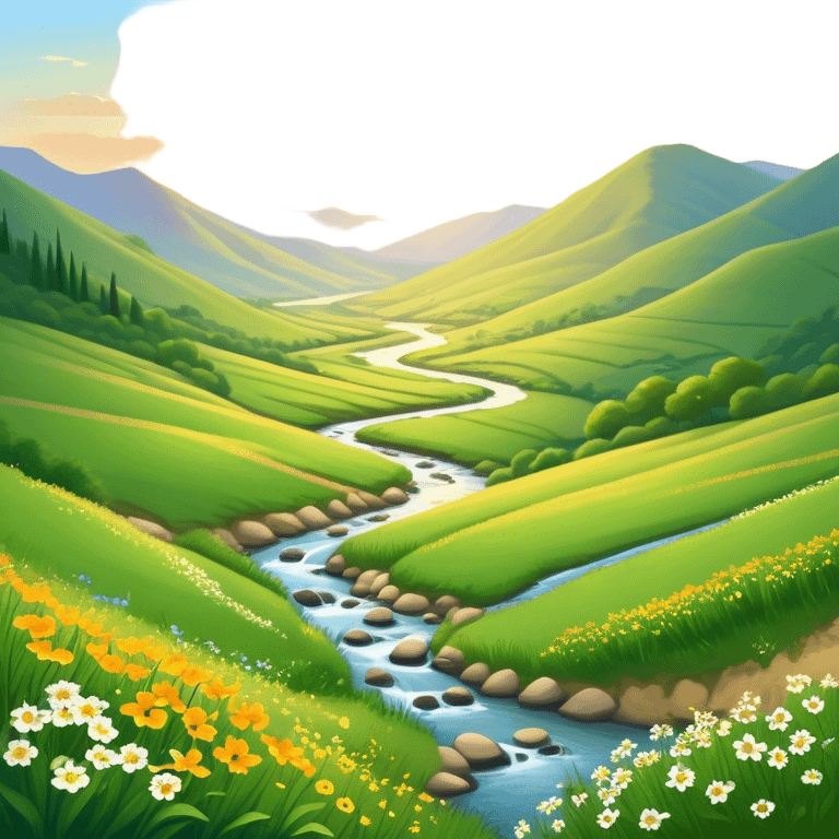 Cinematic Realistic Valley Emoji, Lush and serene, with gently sloping hills surrounding a vibrant green valley filled with wildflowers and a small stream. The soft, golden sunlight filters through the valley, casting peaceful, warm shadows across the landscape. Soft glowing outline, capturing the essence of natural peace and gentle beauty in a sprawling valley. emoji