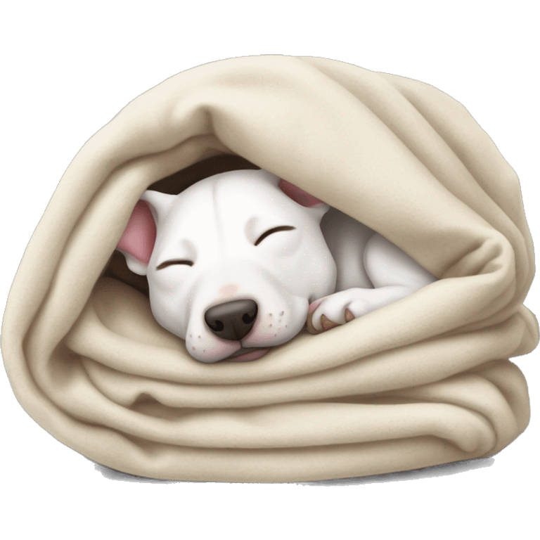 white bull terrier sleeping cozy in blanket  emoji