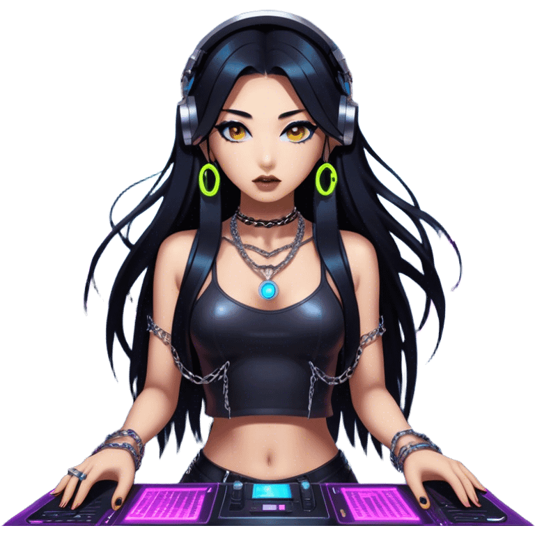 Korean techno DJ girl, wearing a stylish edgy outfit with metallic chains, long black hair, performing in a neon-lit underground club, cyberpunk aesthetic, high-detail 3D emoji style, energetic and intense vibe. emoji