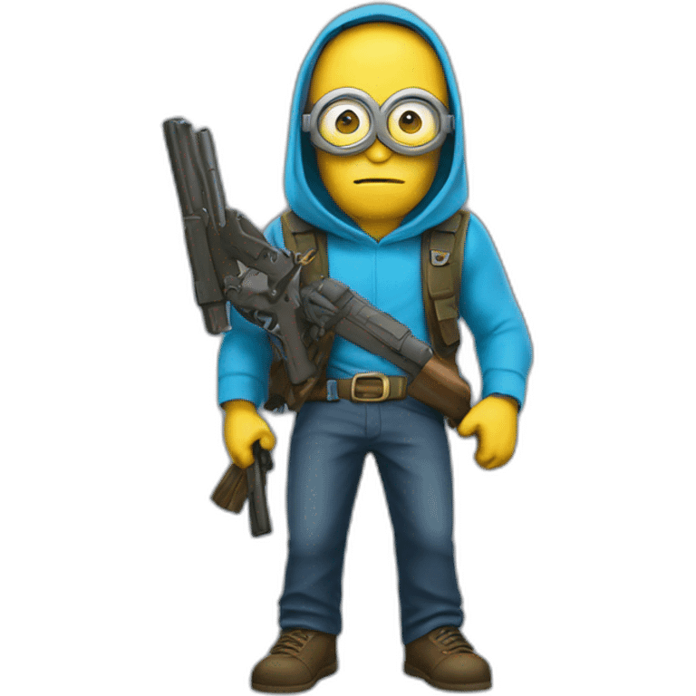 invisible minion in a blue sleeveless shirt with a hood, only his glasses are visible, he holds two guns, he has a belt with a gold insert in the shape of a star emoji