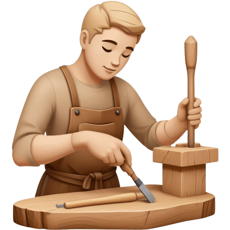 Wood sculptor icon, master carving a wooden sculpture, chisel and mallet in hand, carved wooden figure in progress, natural wood texture, minimalistic style, clean lines, transparent background. emoji