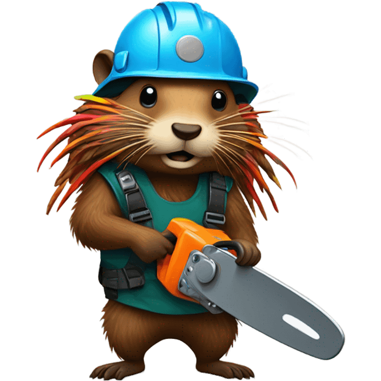 Beaver with dreadlocks in climbing gear with a chainsaw  emoji