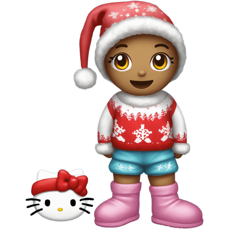 hello kitty wearing a hello kitty Christmas sweater sweats and uggs with a Santa hat on emoji