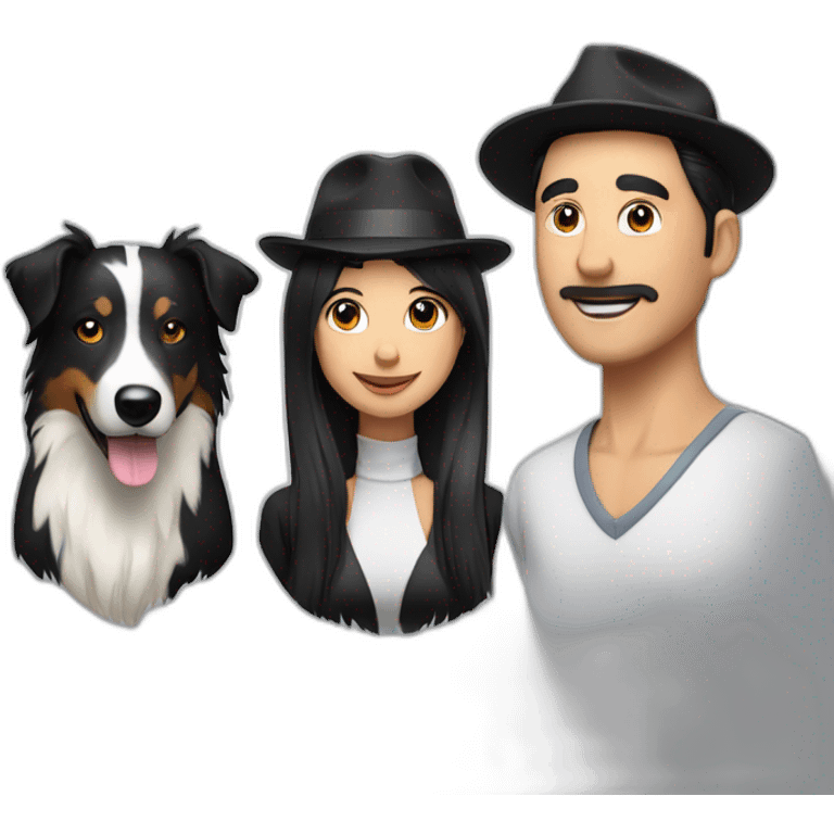 group of 3 consisting of man in hat and woman with black ponytail long hair and small black border collie dog emoji