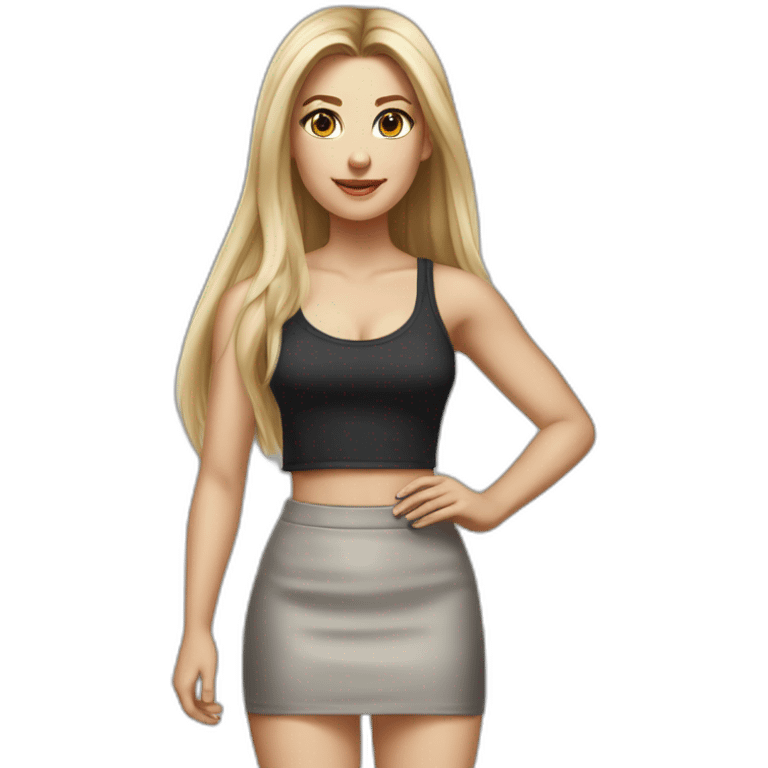 caucasian woman, with long straight hair, blonde hair, brown eyes, white tank top, gray tight mini skirt, black heel shoes, full body, hyperrealist drawing emoji