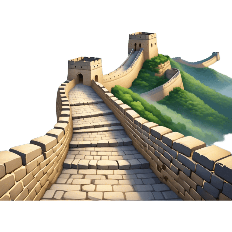 Cinematic Realistic Great Wall of China Landmark Emoji, depicted with ancient stone pathways winding over rugged mountains, watchtowers punctuating the misty landscape, and soft golden sunlight casting dramatic shadows. emoji