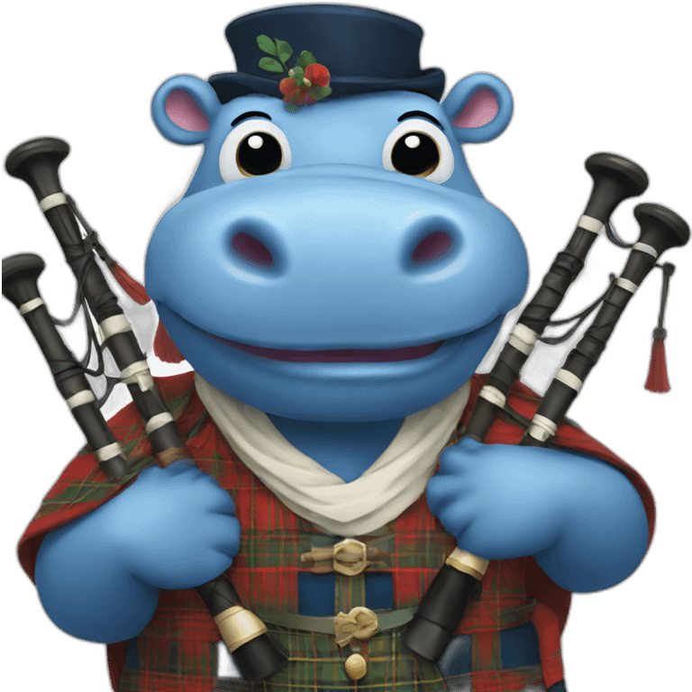 Blue hippo with bagpipes and traditional Scottish clothes emoji