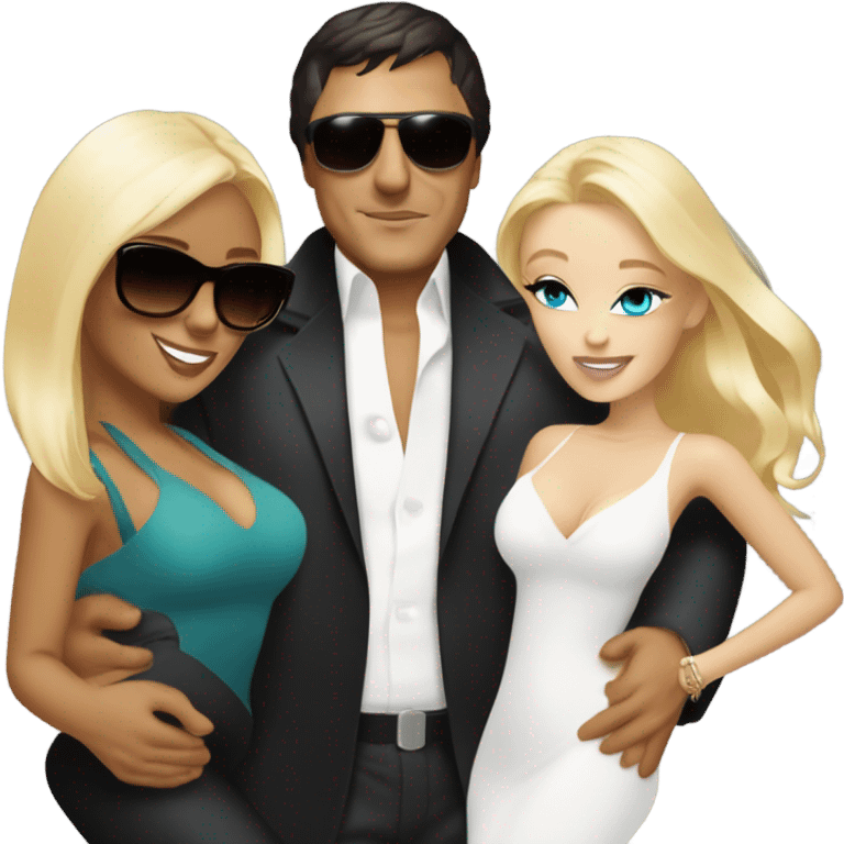 Tony Montana sunglasses smirking with 2 beautiful blondes hugging him emoji