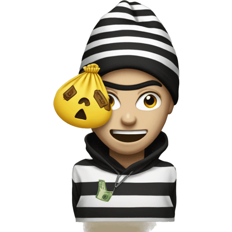 A robber emoji with black and white stripes t-shirt, a black beanie and a money bag emoji