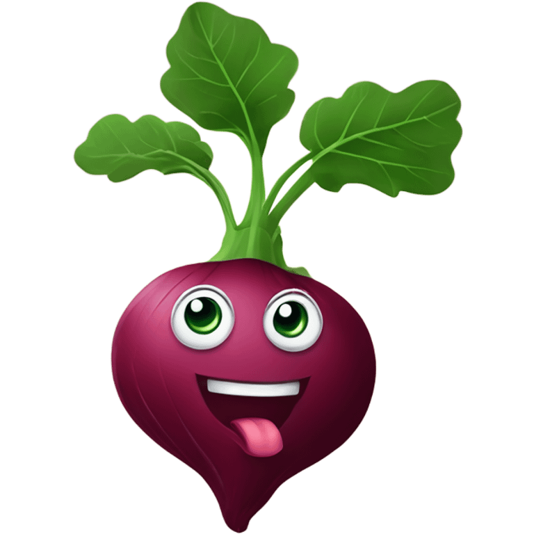 miling beetroot with big expressive eyes, rosy cheeks, and a green leaf on top. Simple and bright design with a cheerful and cartoonish style. emoji