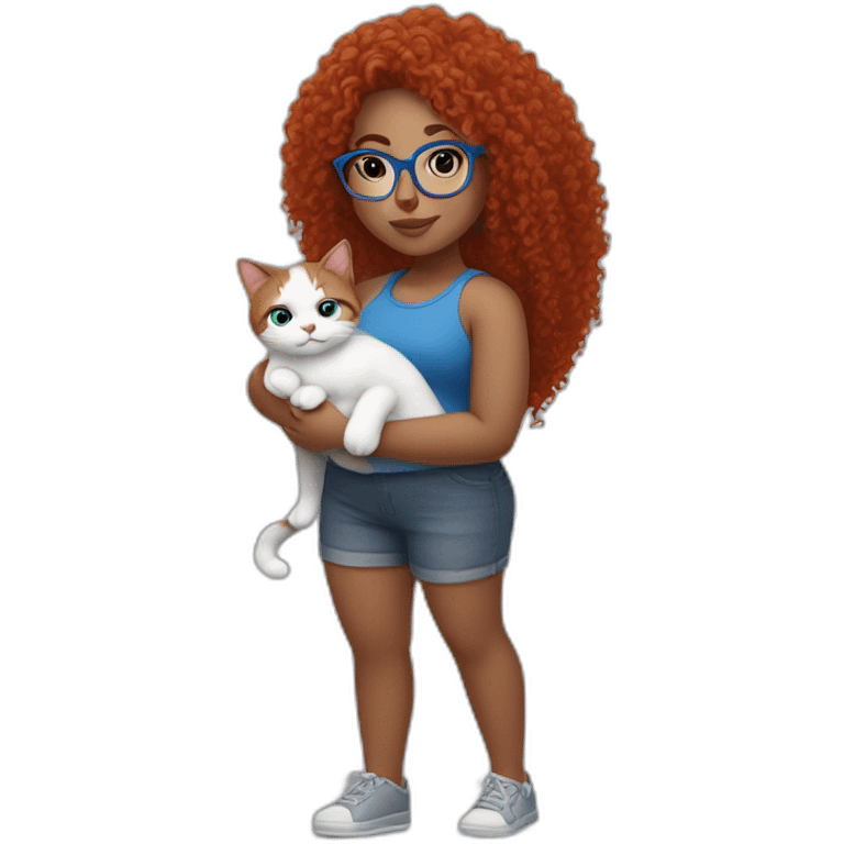 a curvy girl with red curly hair and blue glasses with a white and gray cat in her arms emoji