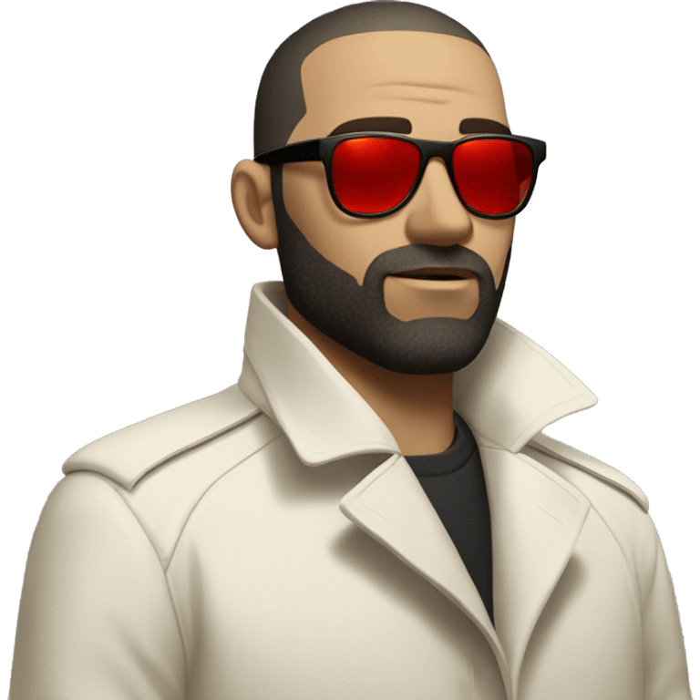 <excerpt>
A white man with real buzz cut Black hair, beard stubble donning small red tinted sun glasses in a dirty white trench coat, is serious.
</excerpt> emoji