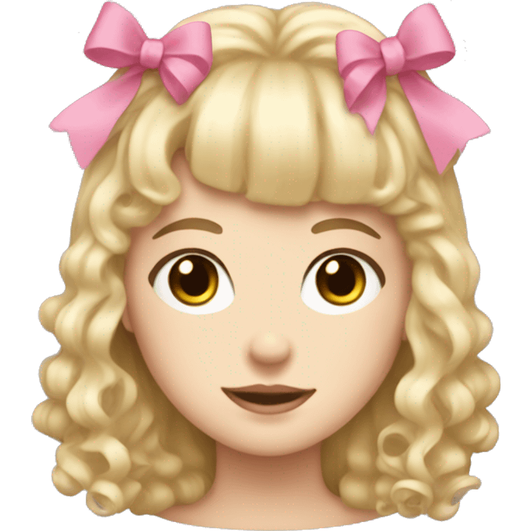 Blonde, pale girl with bangs and curly, long hair with pink bows  emoji