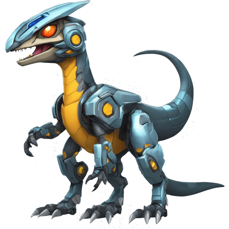 Colorful Edgy Greymon-Velociraptor-Genesect-Fakémon-Pokémon wearing a with a futuristic helmet And Mecha-suit Full Body emoji