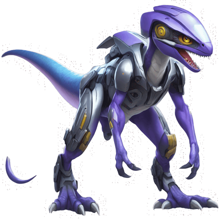 Cyberpunk-themed Shiny Velociraptor-Genesect-Fakémon-Pokémon wearing a with a futuristic helmet Full Body emoji