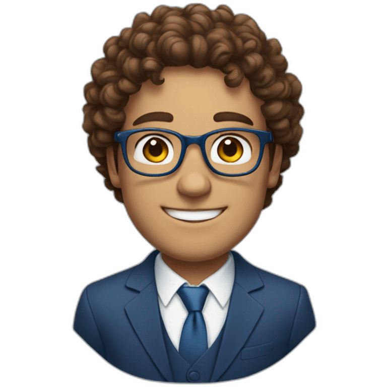 Young big Business man with brown curly hair and round Glasses, smiling, blue suit, without tie emoji