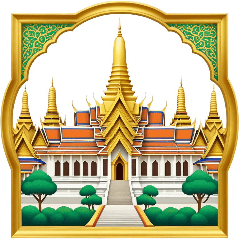 Cinematic Realistic Grand Palace Bangkok Landmark Emoji, showcasing the opulent golden spires, intricate Thai architecture, and the Emerald Buddha Temple set within a vibrant, manicured courtyard. emoji