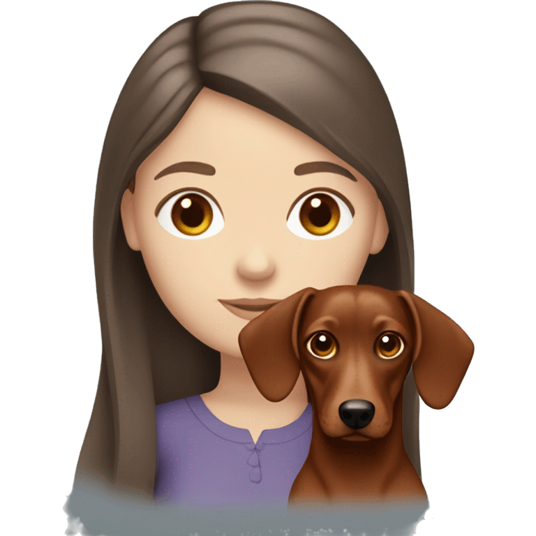 White girl with straight brown hair and blue eyes holding a red dachshund  emoji