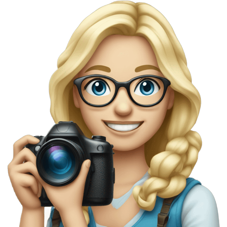 Real blonde girl with glasses smiling blue eyes taking pictures with a camera  emoji