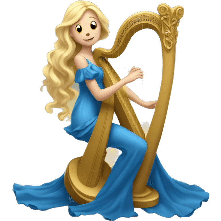 A long-haired blonde fairy in a blue dress plays the harp emoji