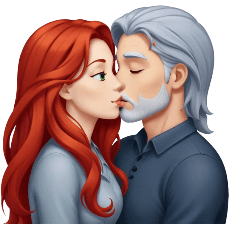 Long red hair woman and young gray hair man kissing emoji