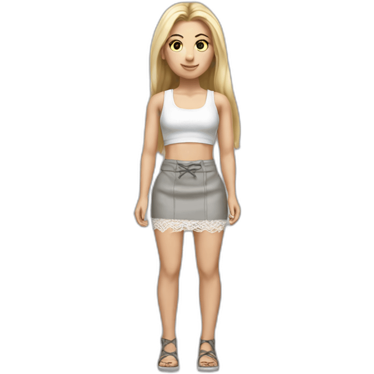 hyperrealistic caucasian female, long straight blonde hair, grey mini pencil skirt, white lace up crop tanktop emoji