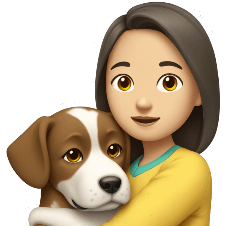 An asian girl with mid length brown hair hugging a white pekingness dog with yellow ear emoji