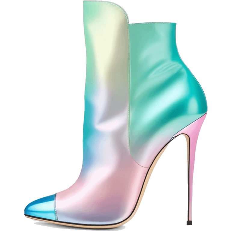 Realistic isolated top front view of a pair of metalliic tiffany blue to pastel pink ombre Jimmy Choo peep toe stiletto ankle booties. emoji