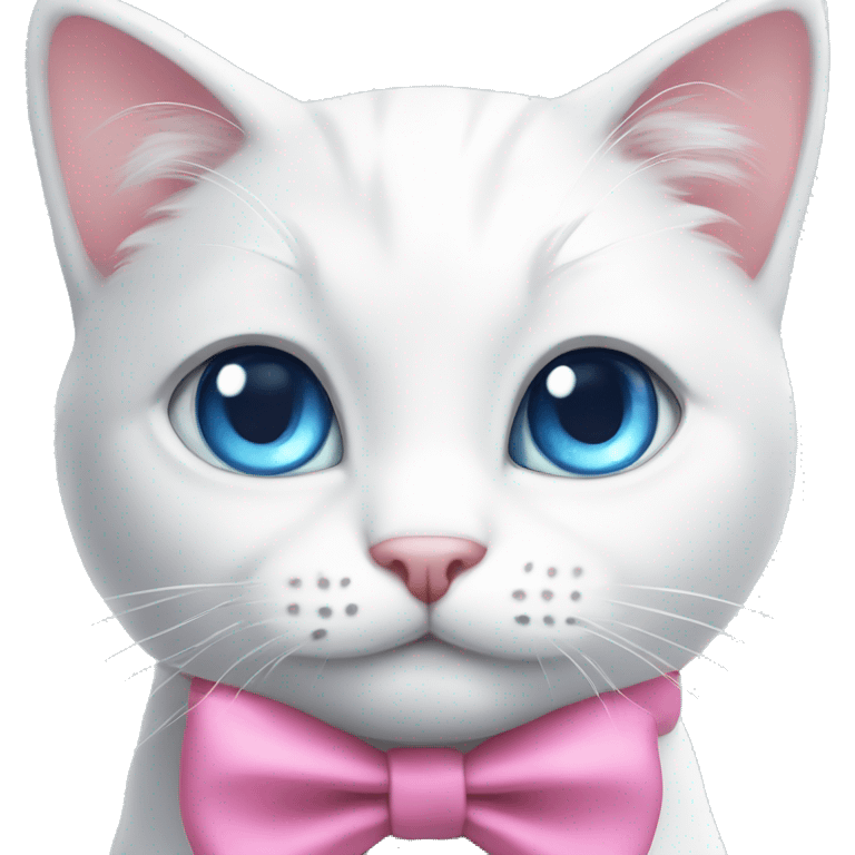 white cat with pink bow on neck with blue eyes sits emoji