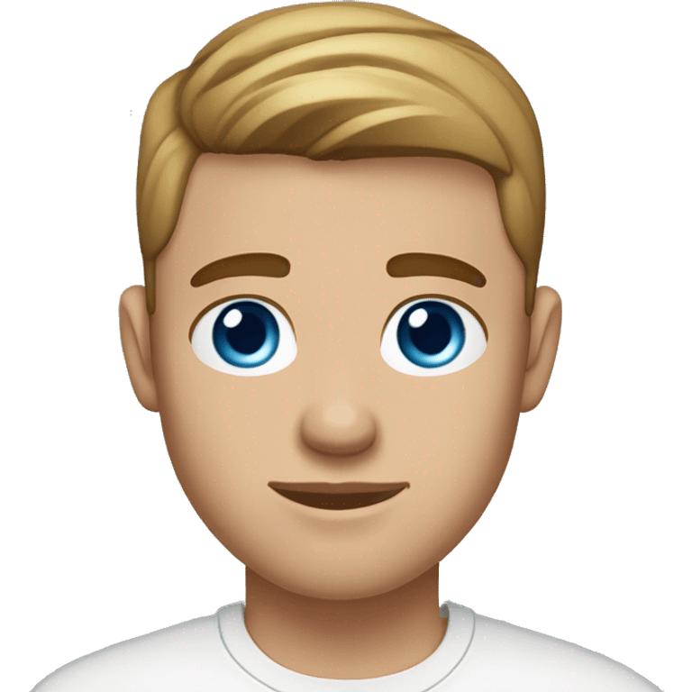 A guy with blue eyes, light skin, shaved brown hair under 0.5, wearing white T-shirt, a silver earring piercing with a cross on one ear. emoji