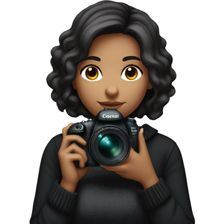 Female photographer with short, dark hair, wearing a black sweater, holding a Canon 5D Mark IV camera with an 85mm lens. She has a calm, focused expression and is looking straight ahead, showcasing a professional yet relaxed passion for photography. emoji