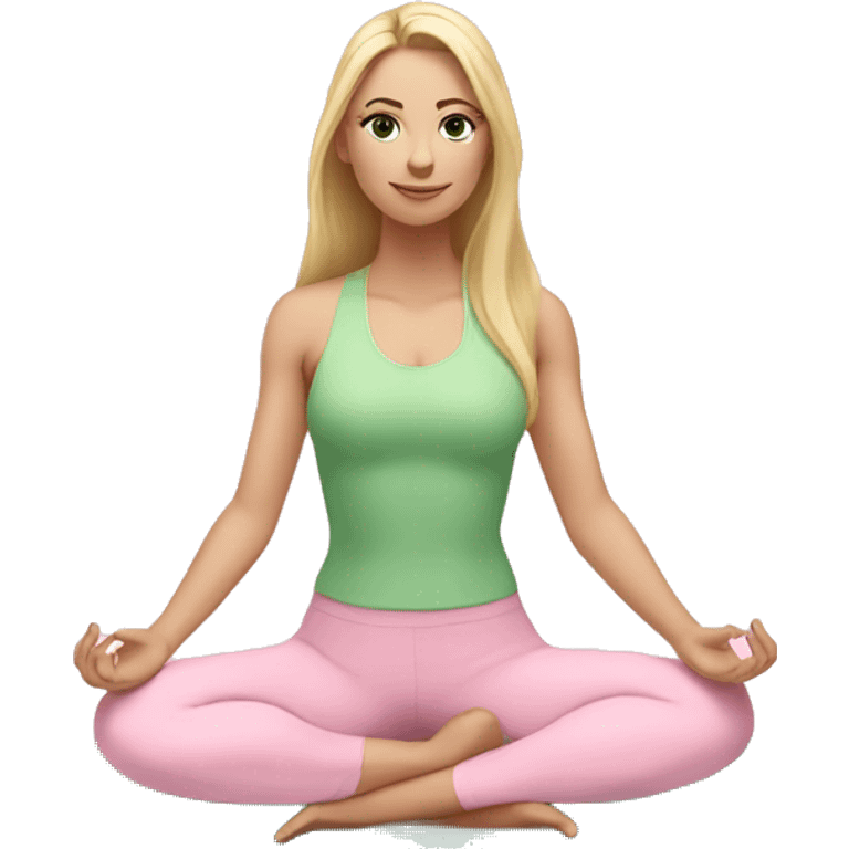 blonde long hair and green eyes yoga girl in light pink clothes sitting on a yoga mat emoji