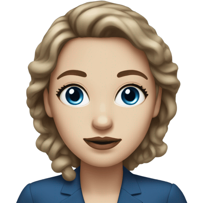 woman with white skin, brown very long hair, blue eyes, ful lips, square face and big lashes. formal dressed emoji